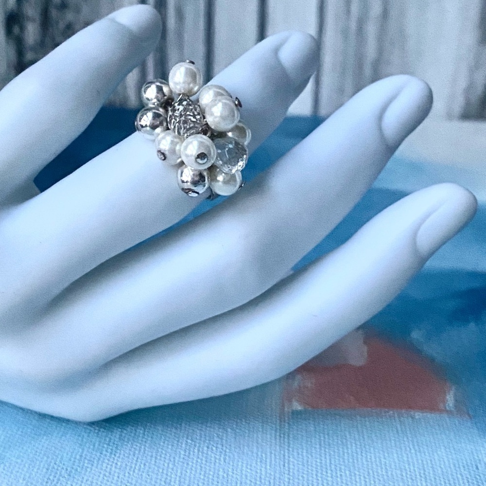 Chunky Faux Pearl Cocktail Ring Adjustable Size 7.75